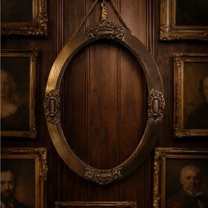 Large Antique Oval Gold and Brown Wooden Frame with Original Rope Hanger